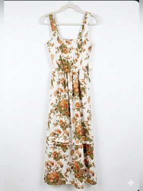 White Floral Maxi Dress with Orange & Green Print